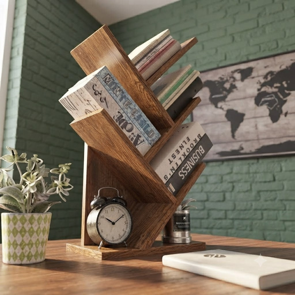 Stylish wooden bookshelf.