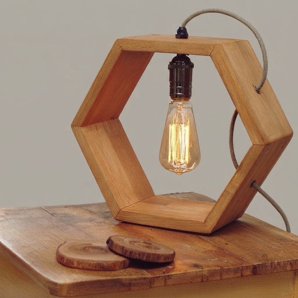 Hexagonal wood frame table lamp with Edison bulb.